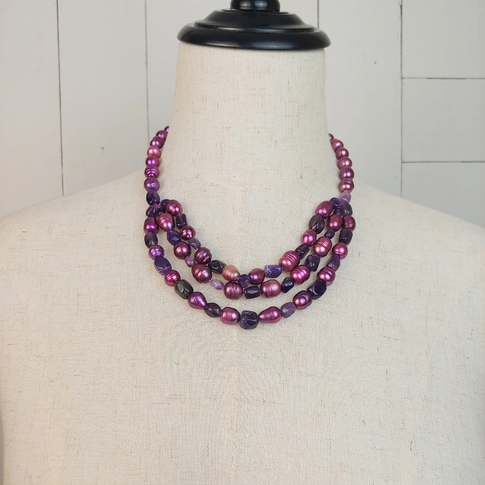 Purple Freshwater Pearls and Glass Beads Necklace